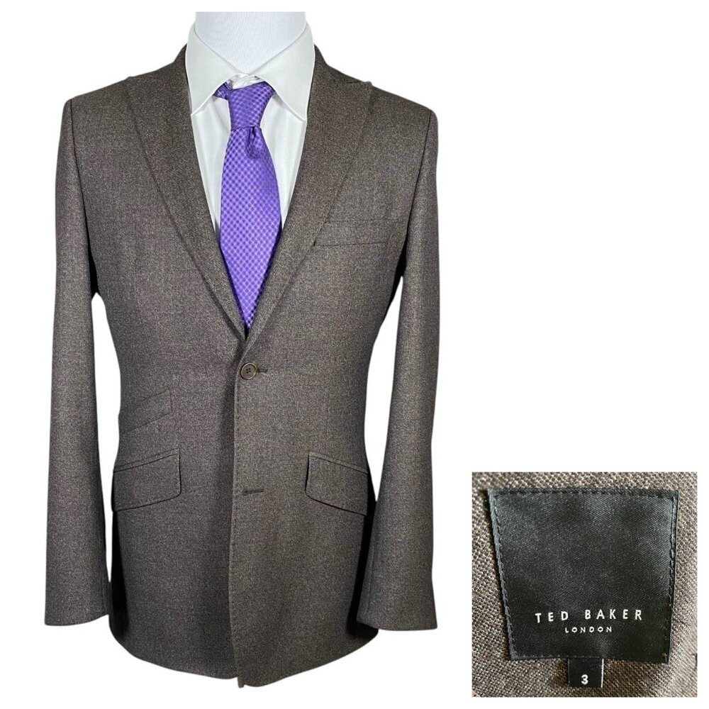 Ted Baker Sport Coat 37 Peak Lapel Ticket Pocket 100% Wool Blazer Brown